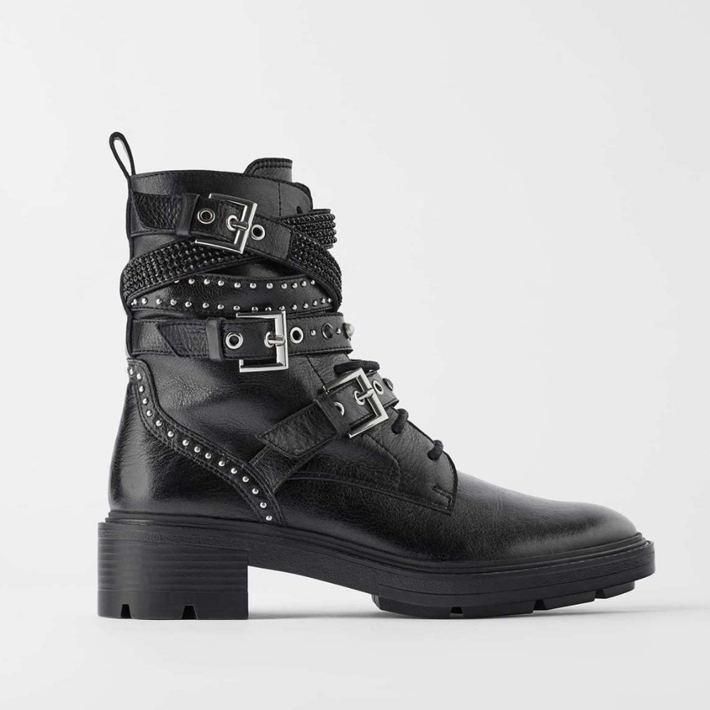 Zara Low Heeled Leather Ankle Boots W/ Pearls